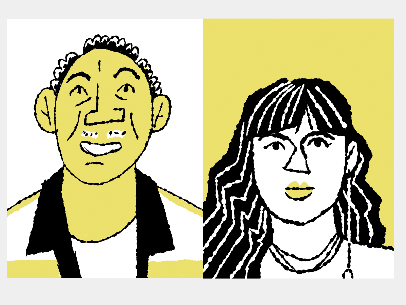 An illustrated portrait of Michael Thompson, an older Black man who was Michigan's longest serving prisoner for a non-violent offense, and a Nina Parks, a young Filipina woman and cannabis entrepreneur.